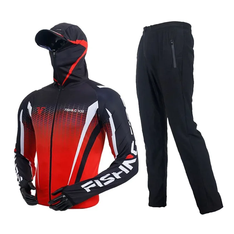 男性夏の釣り服屋外日焼け止め耐性紫外線通気性アイスシルク速乾性フード付きジャケット弾性ウエストパンツ