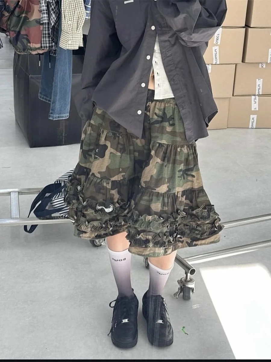 Slimming Casual Street Style A-Line Skirt High Waist Pleated Ruffle Hem Commuter Korean Fashion Midi Skirt for Women