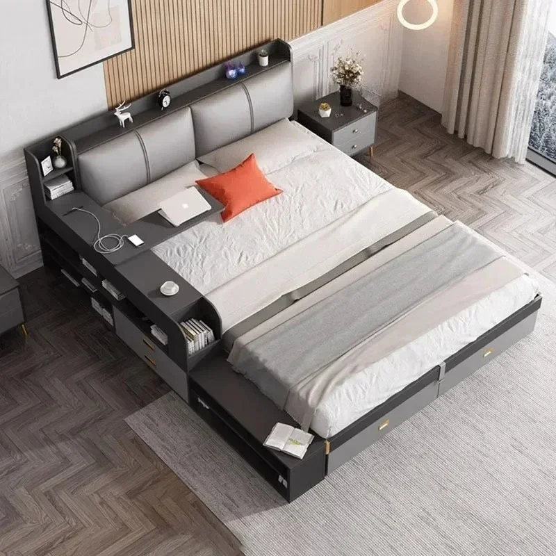 SO Ergonomic Villa Double Bed Designer Glamorous Modern King Size Bed Frame Storage Safe Sleep Desk Camas De Casal