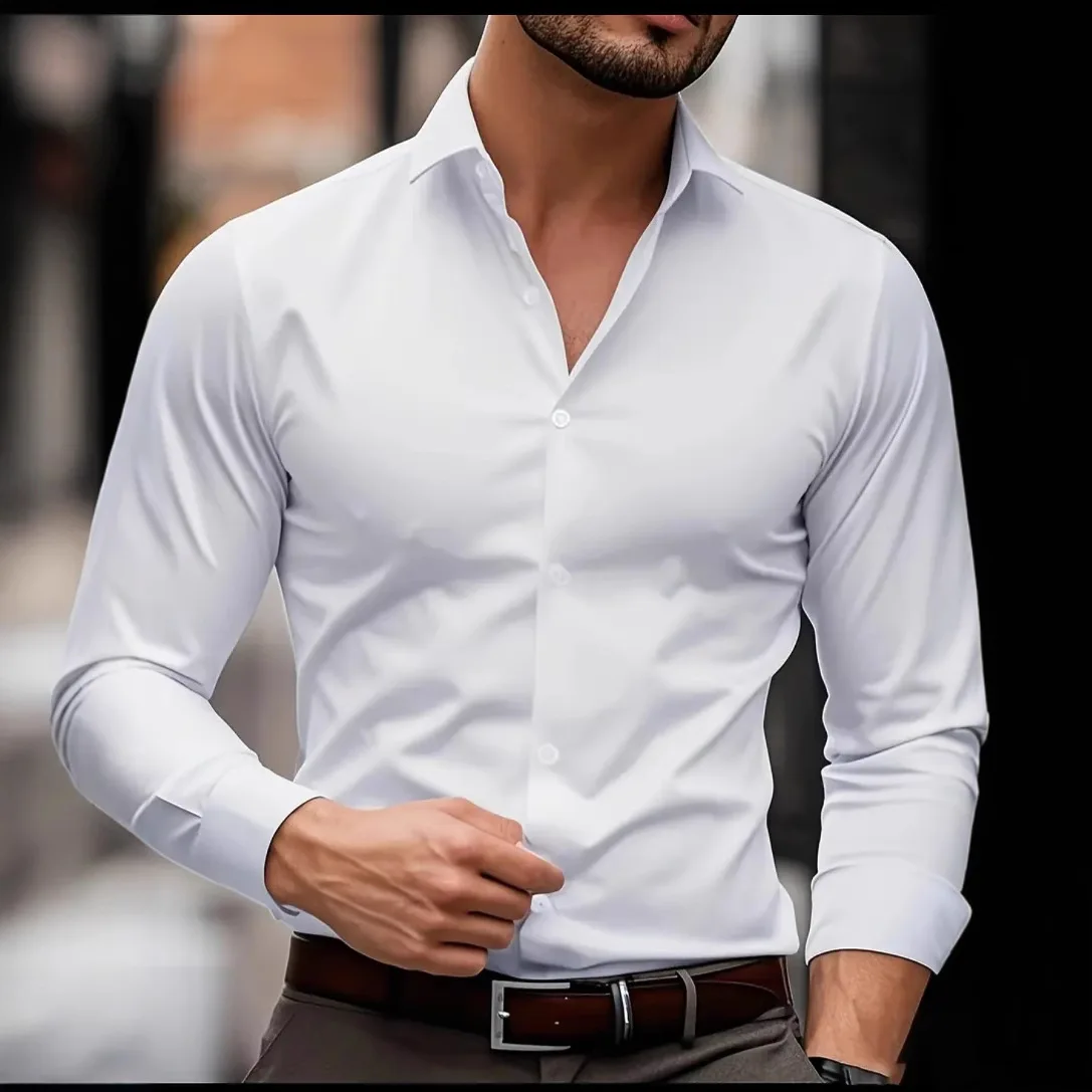 

Elastic Large Size Men's Long Sve irt Faion Slim Fit Busin Sle Polyester Fiber Casual Faion Top Quali Polyester