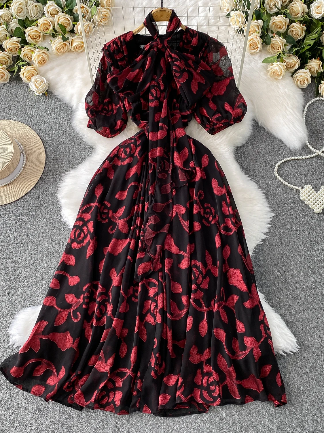 Estate New Sle Donna Stampata V-ne Bubble Sve Dr Cintura Dimagrante Lunga A-line Versione coreana Pendolarismo Bubble Dr