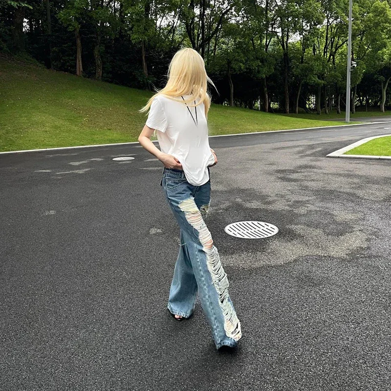 Y2K Streetwear Jeans Women Slim Fit Hole Hottie Harajuku Bootcut Jeans American Vintage Summer Low Waist Female New Denim Pants