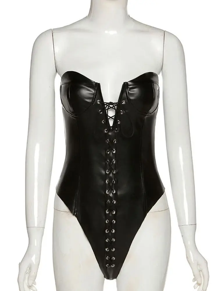 

Strapless Eyelets Rivets Bandage Shiny PU Leather Catsuit High Cut Open Crotch Bodysuit Tight Sexy Clubwear Body Teddies Unitard