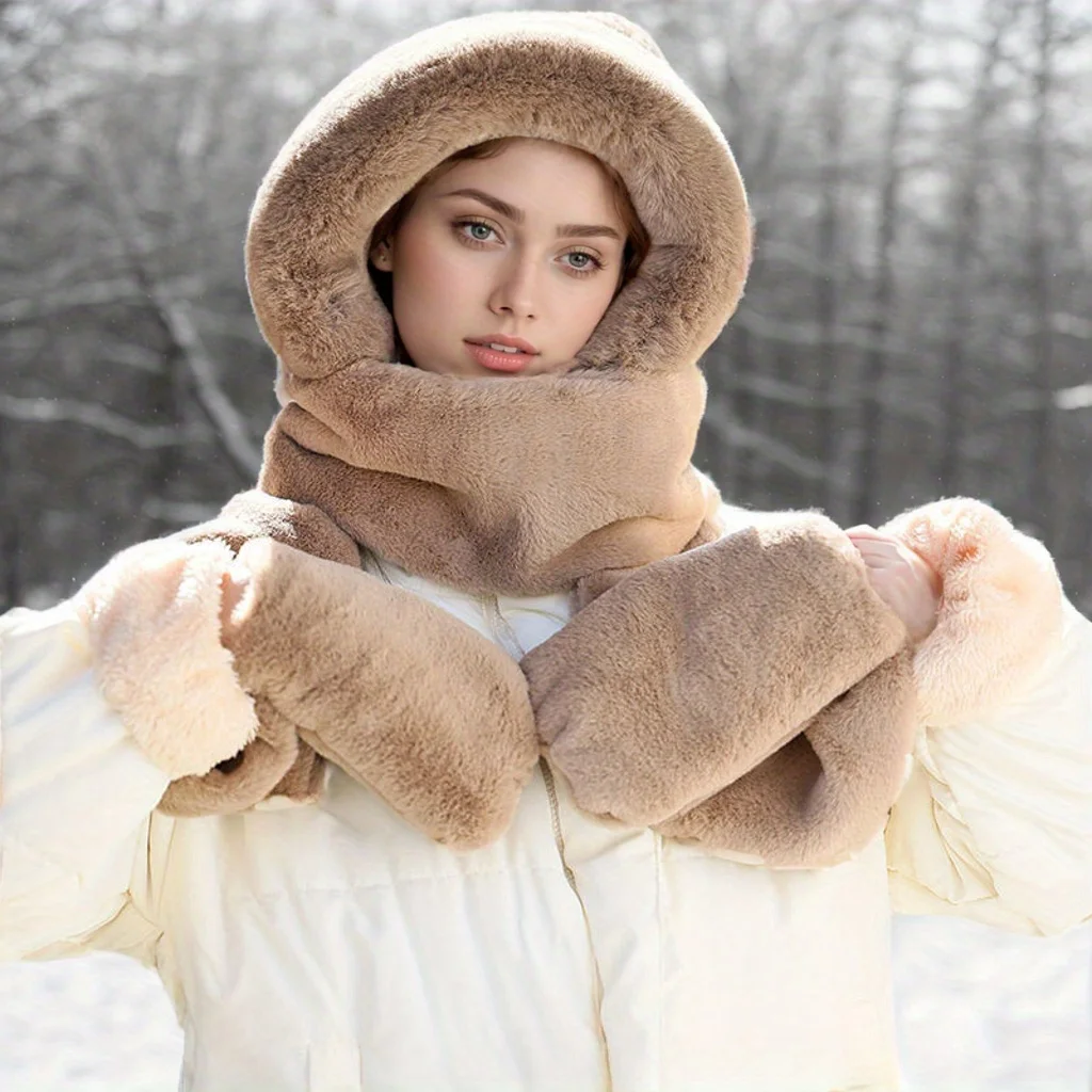 Women's 3-in-1 Plush Hat Scarf Gloves Set – Thick Warm Winter Cap with Ear Flaps, Windproof Cold Weather Outdoor