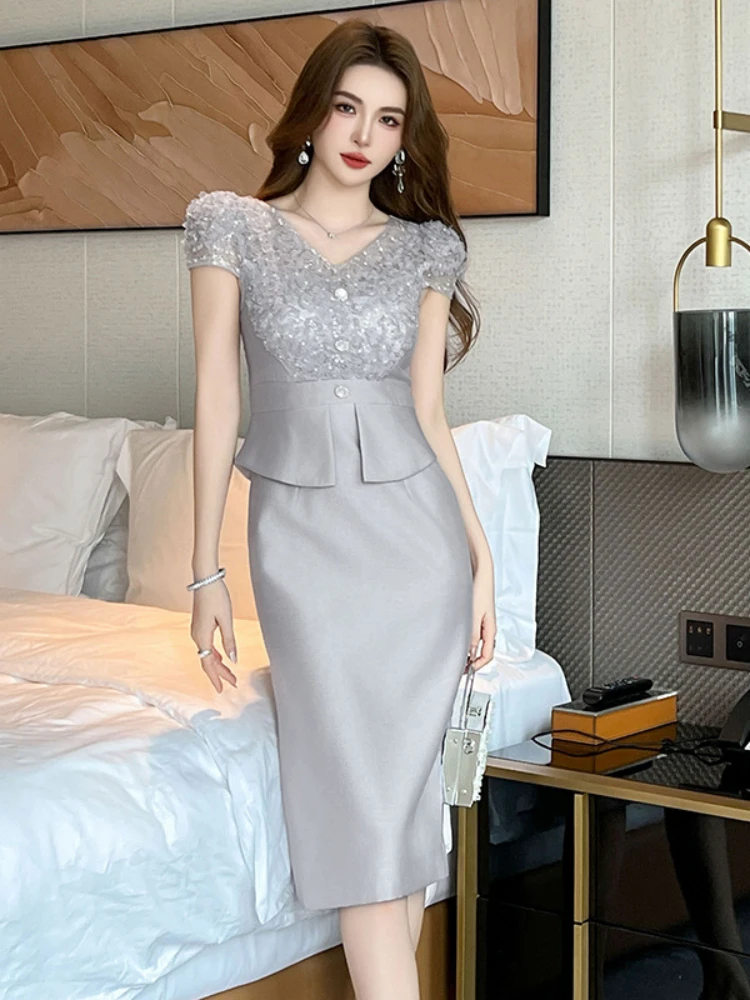 Elegant Graceful V-neck Sequins Short Sleeve Sheath Dress Women 2024 Summer New Office Lady Lace Stitching Fake Two Pieces Dress