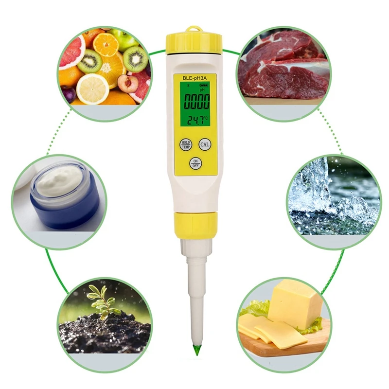 Medidor de pH digital Bluetooth com retroiluminação LCD, testador de pH alimentar, alta precisão, carne, pão e água