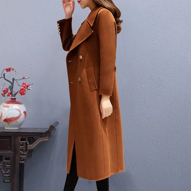 Women Wool Coat Double-Breasted Autumn Winter New Fashion Loose Long Trench Coat Retro Loose Female Overcoat Ladies Windbreak