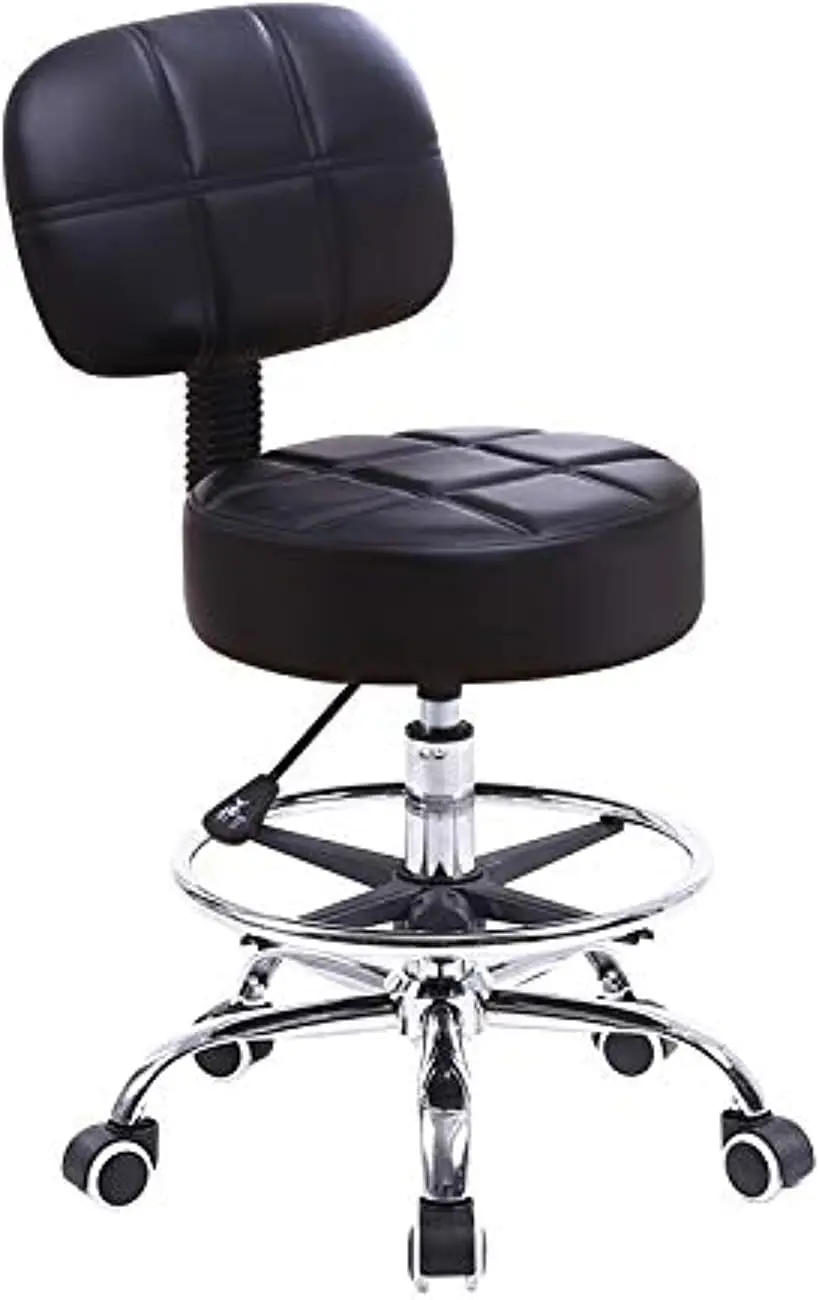 

Adjustable Height Swivel Rolling Stool with PU Leather and Back Support, Black