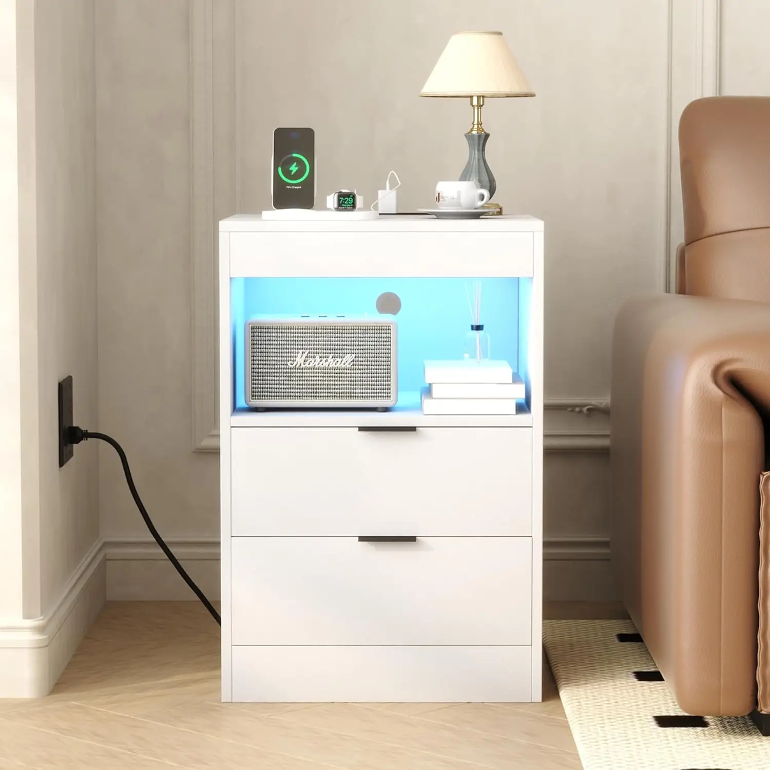Bedside Table,LED Nightstand with Charging Station,Modern Night Stand White,Wood Sofa Couch End Side Table with 2 Pull-Out Shelf