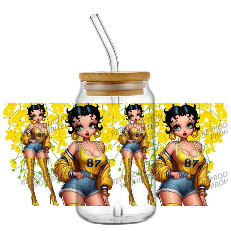 Vintage Girl Yellow Flower Butterfly UV DTF Transfer Wraps Easy Apply Fade Resistant For 16oz Glass Jar DIY Cup Stickers