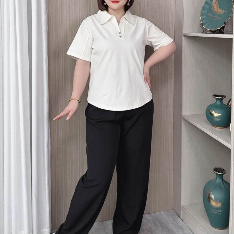 Short-Sleeve T-shirt for Women, Thin and casual, Solid Color, Polo Collar, Plus Size, New Summer 2024