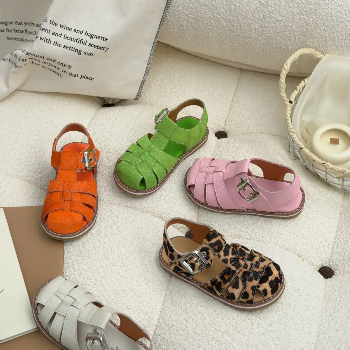 

Summer Children's Leather Sandals Ins Baby Kids Horse Hair Patch Leather Roman Sandals Boys Girls Soft Sole Non-slip Beach Shoes