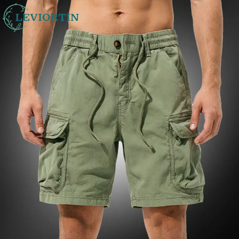 

Men's Cargo Shorts Summer Multi-Pocket Pure Cotton Loose Fit Plus Size Elastic Waist 5-Inch Work Pants Male Outwear Shorts