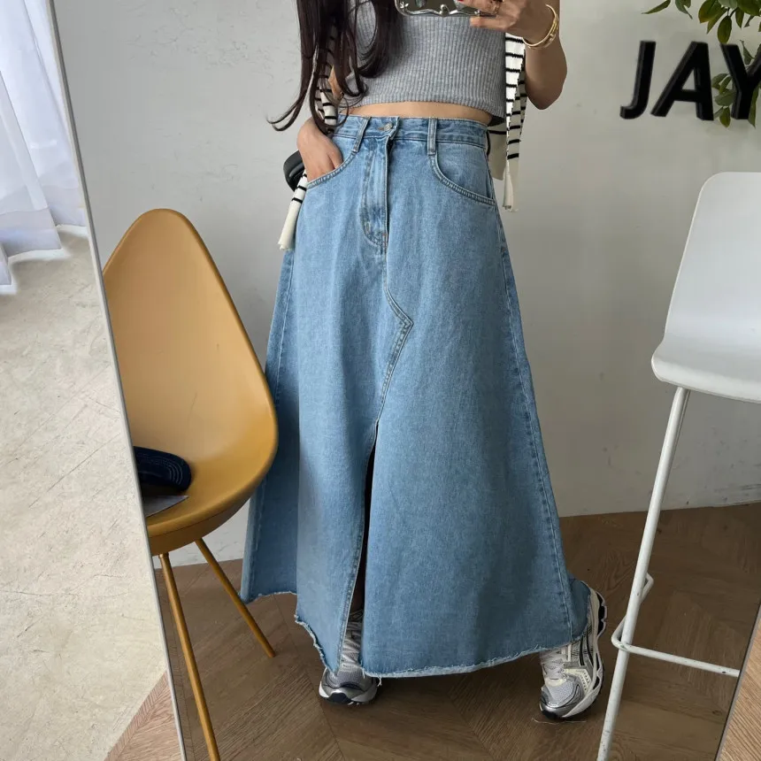 

Джинсовая юбка с высокой талией, женская винтажная свободная длинная юбка на пуговицах для похудения, модная юбка-миди с разрезом спереди, цвет хлопка