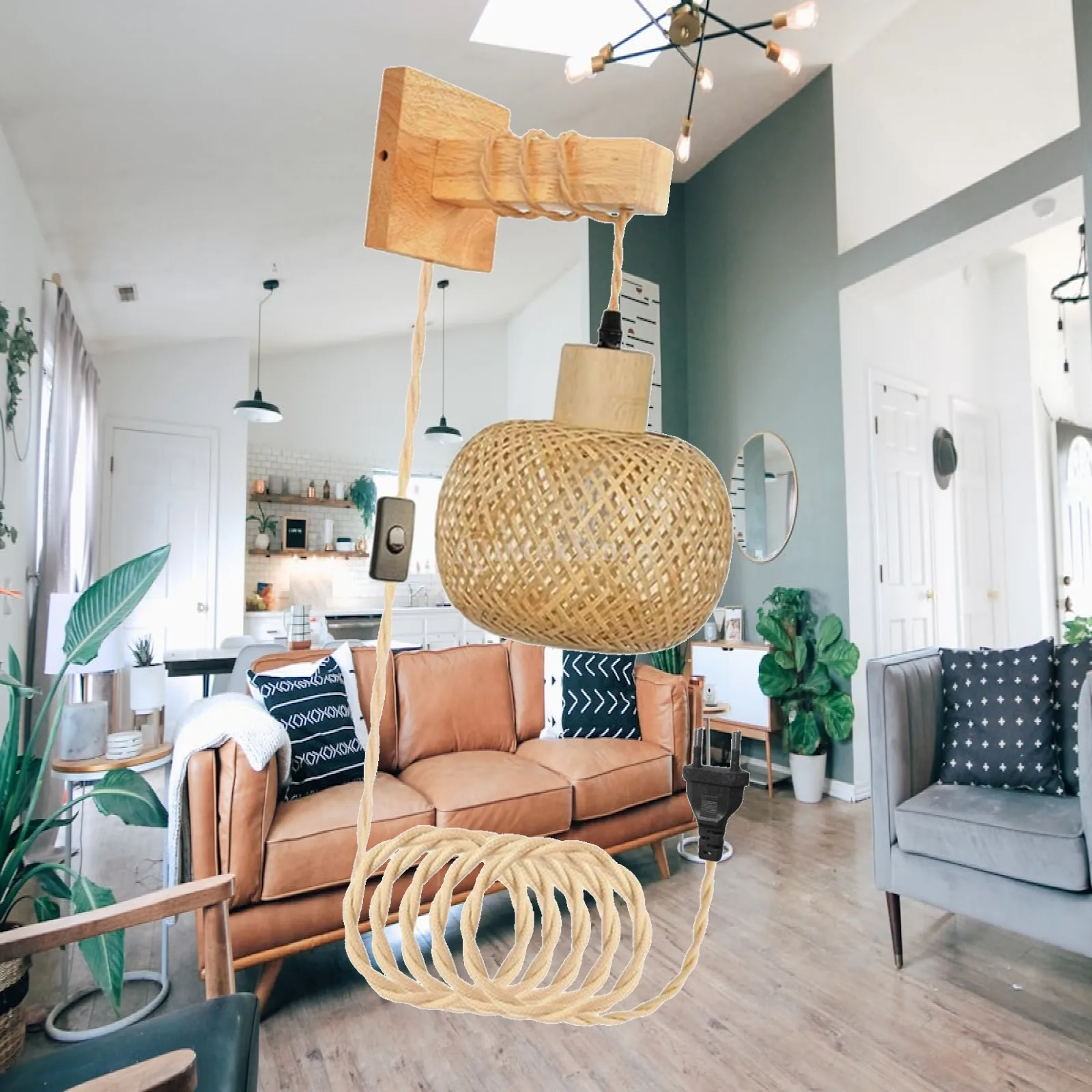 Wall Sconce Bamboo Lamp Shade Plug in Pendant Light Bedside Rustic Fixture for Indoor Living Room Decoration