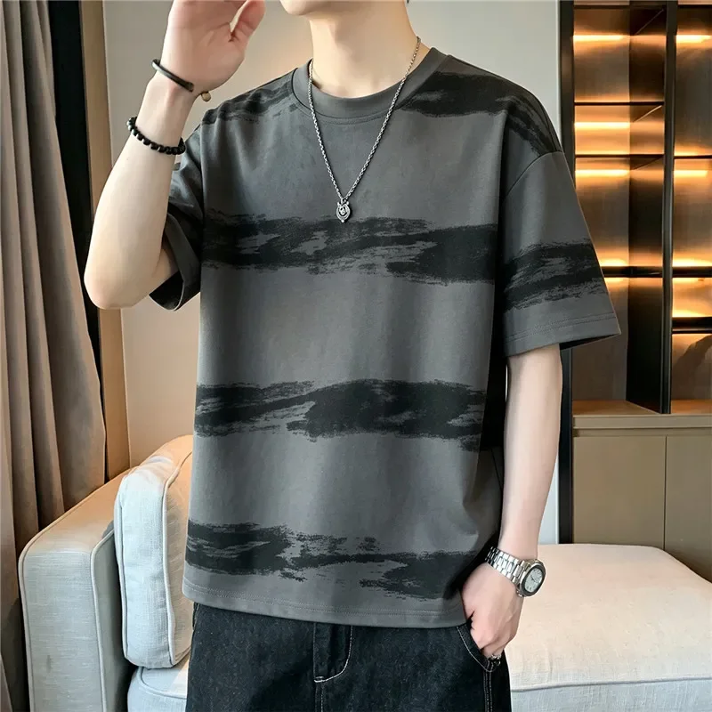 Men's Casual Short Sleeve T Shirt with Abstract Green Black Pattern Round Neck Breathable Cotton