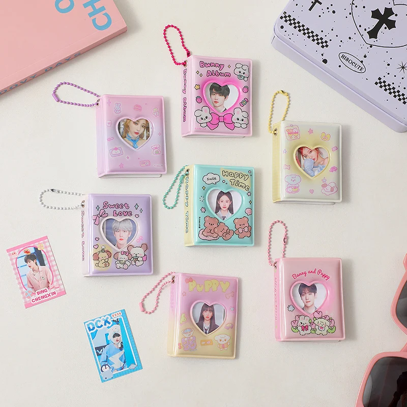 3 Inch Mini Photo Album Keychain 16 Pockets Small Photos Collect Book Photocard Holder Cartoon Bear Rabbit Heart Hollow Albums