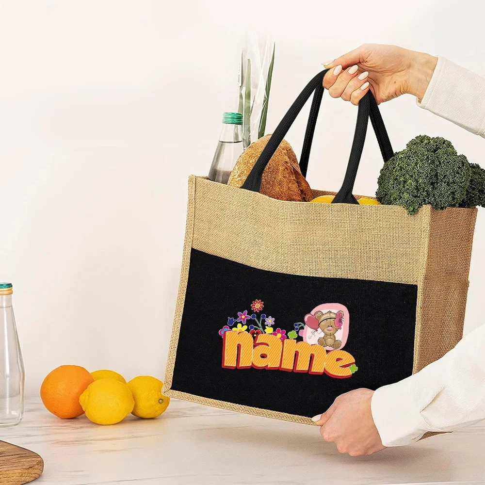 Customized Name Cotton and Hemp Shopping Bag Fashion Handbag Portable Outdoor Storage Bag Customized Product Cartoon Series