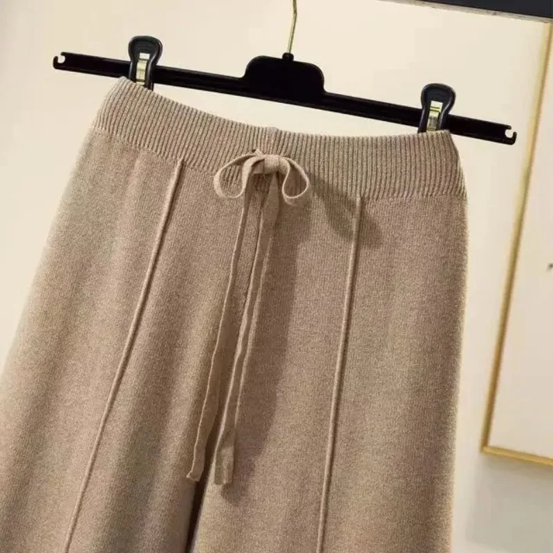 Knitted Pants Women Spring and Autumn High Waist Elastic Drape Drawstring Loose Casual Mopping Pants Straight Wide Leg Pants