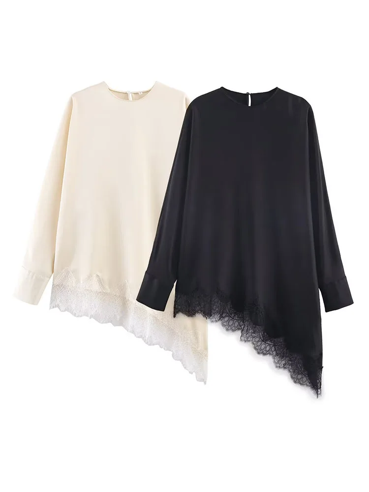 Hh moda feminina retro versátil tripulação pescoço assimétrico bainha renda pulôver camisa feminina simples temperamento manga longa topo mujer