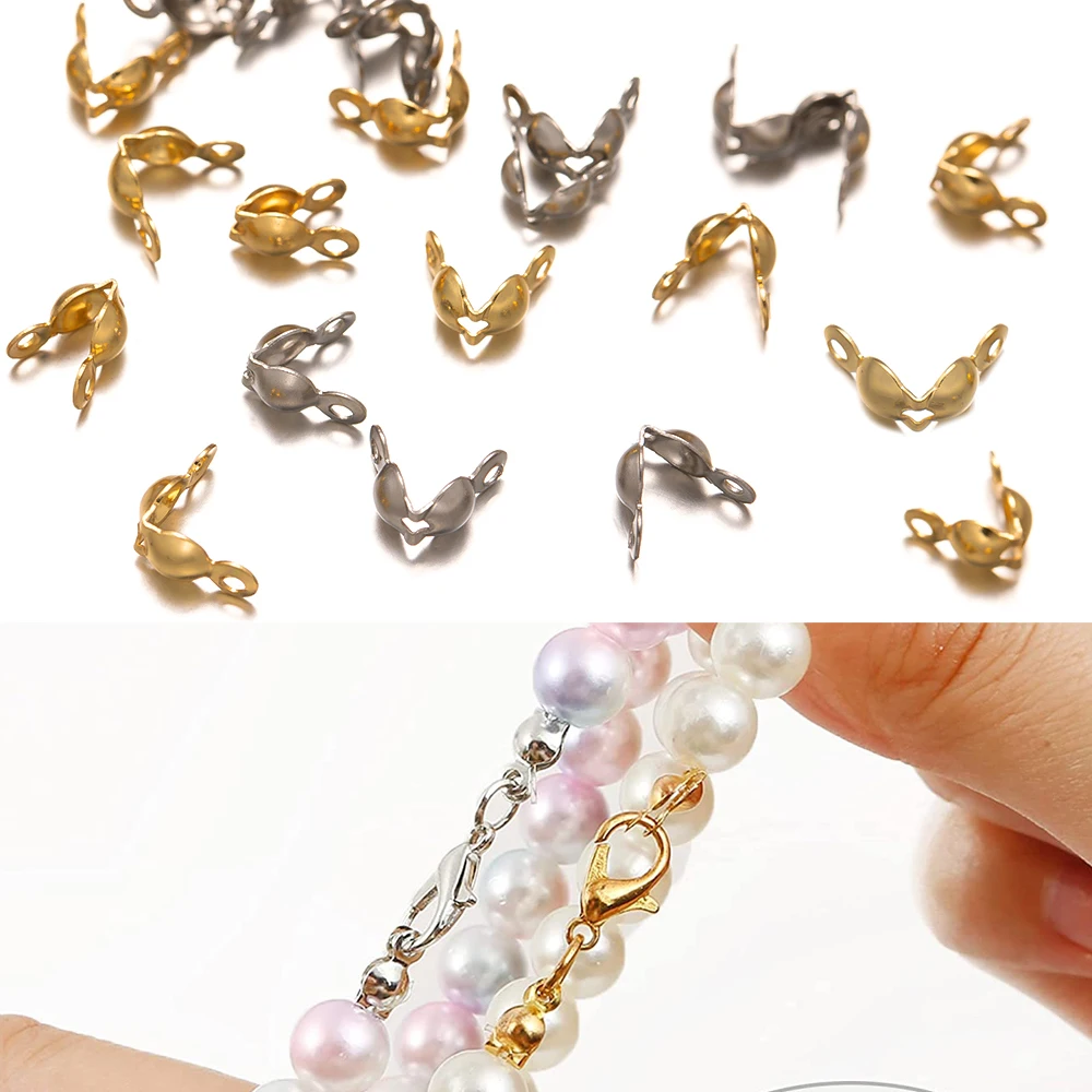 100pcs Stainless Steel Fold-Over Open Bead Tips Knot Covers End Caps for DIY Bracelet Necklaces Earrings Jewelry Making Supplies