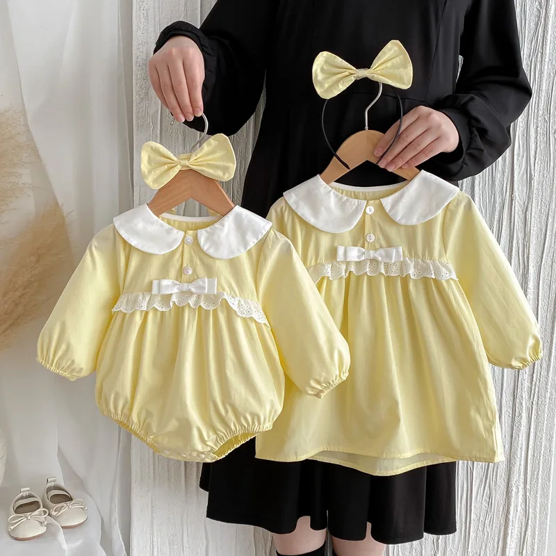 

Baby Girl Solid Color Casual Romper Clothes Autumn Fashion Toddler Girls Long Sleeves Boutique Dress Lace Design Clothes