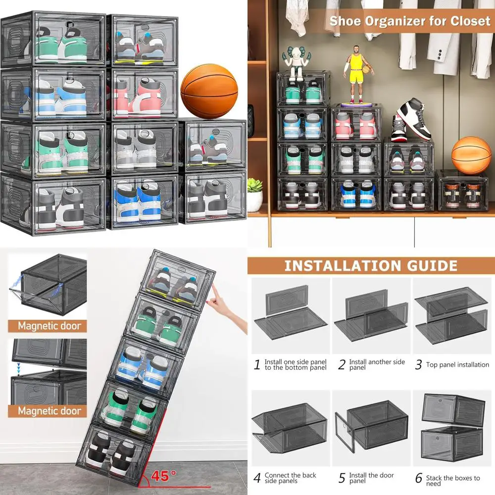 

Stackable Shoe Organizer with Magnetic Door, Thickened Shoe Storage Box for Sneaker Display and Hat Storage, Black