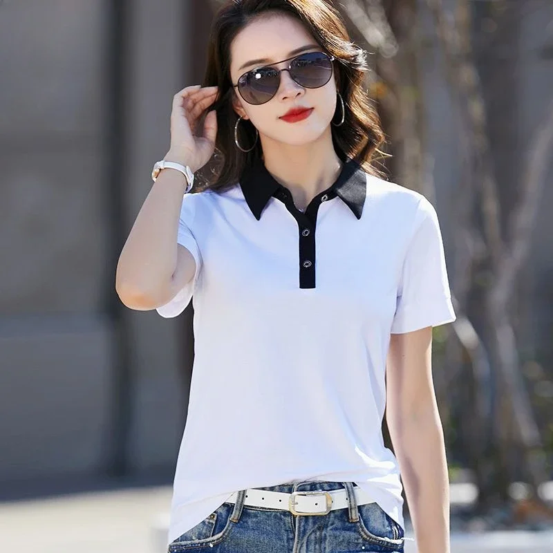 Women's Polo Shirts White Female Tee Baggy Button T-shirts Youthful Clothes on Offer Luxury Aesthetic Polyester New Youth Basic