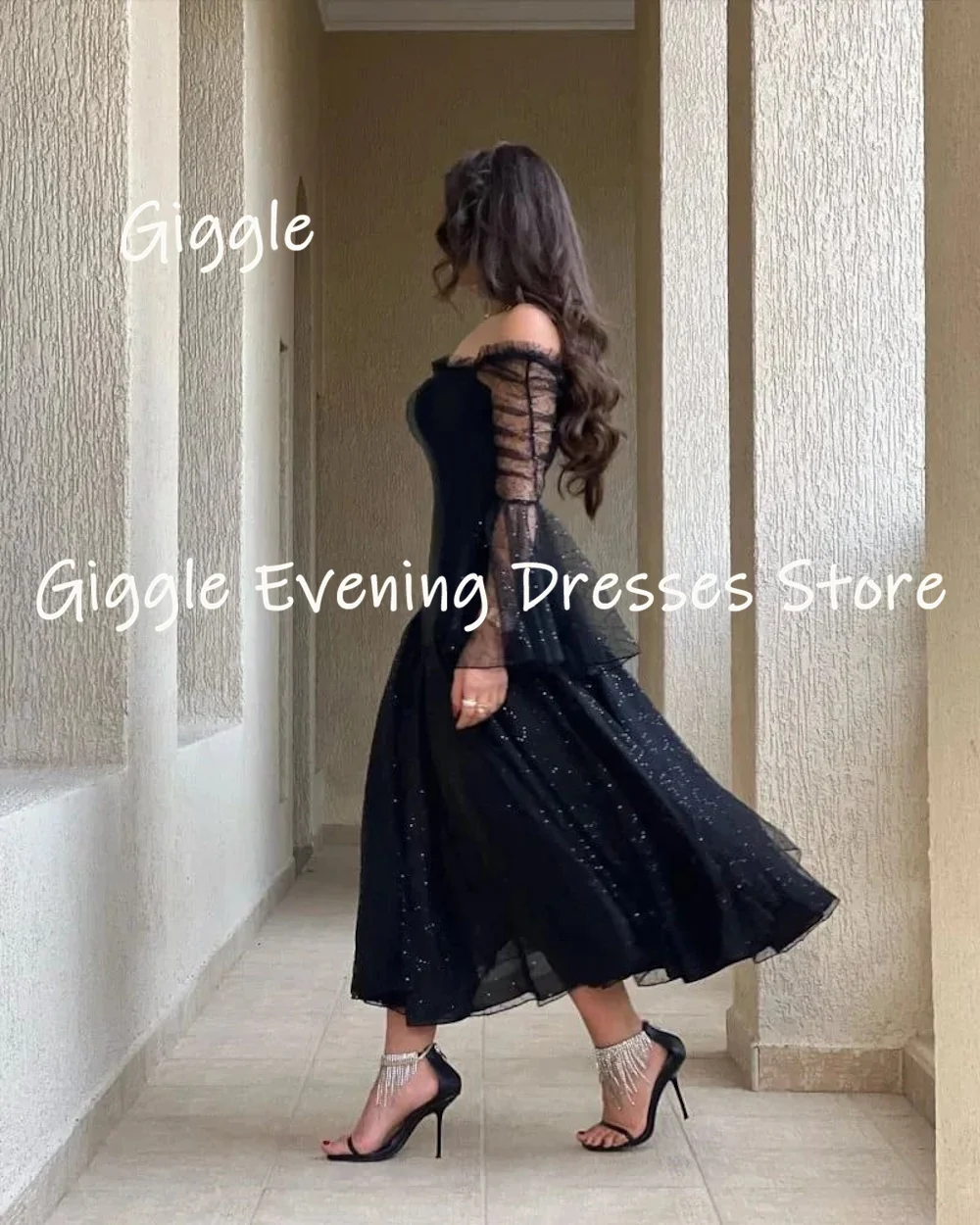 Giggle Tulle Off-the-spalla a-line Ruffle Lace abito da ballo formale lunghezza del tè abiti da sera eleganti per le donne 2023