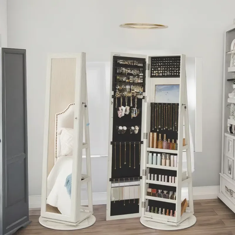 2026 Hot Sale Full-Length Bedroom Furniture Living Room Cabinets White Vertical Jewelry Storage Cabinet with 360 Swivel Full