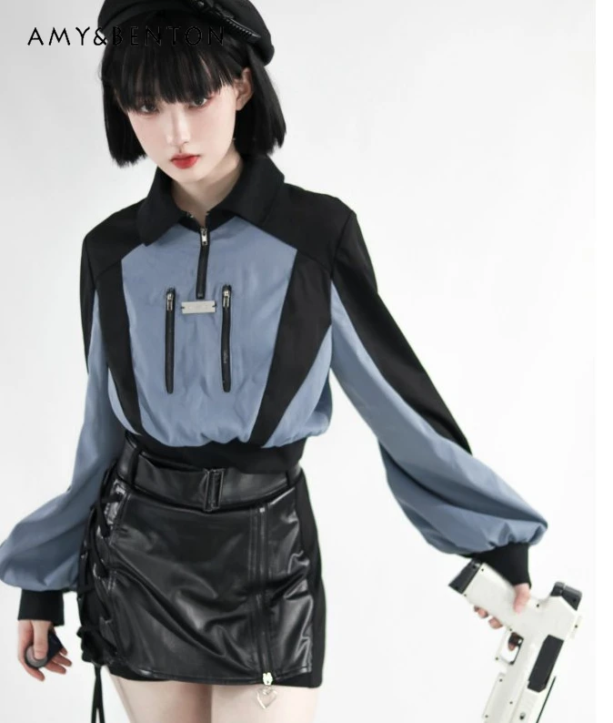 Gothic Street Color Matching Outdoor Jacket High Waist Slim Mini Leather Skirt Two-Piece Set Women Sweet Y2K Hot Girl Outfits