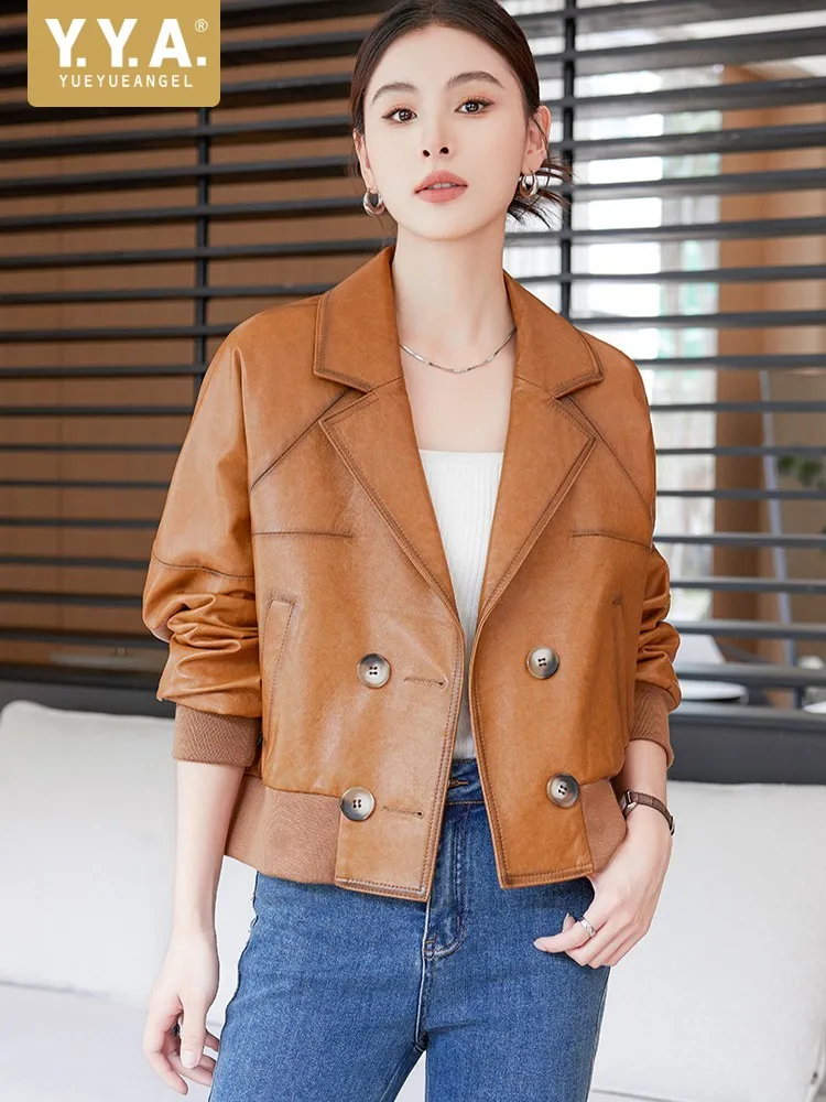 Women Vintage Genuine Leather Jacket Loose Fit Double Breasted Turndown Collar Streetwear Real Sheepskin Motorcycle Short Coat
