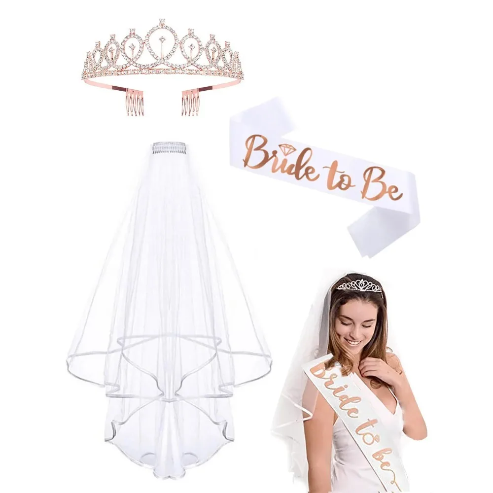 Fiesta de despedida de soltera, conjunto de novia para ser incluye novia, velo de novia con peine, Tiara de diamantes de imitación para novia, boda, despedida de soltera
