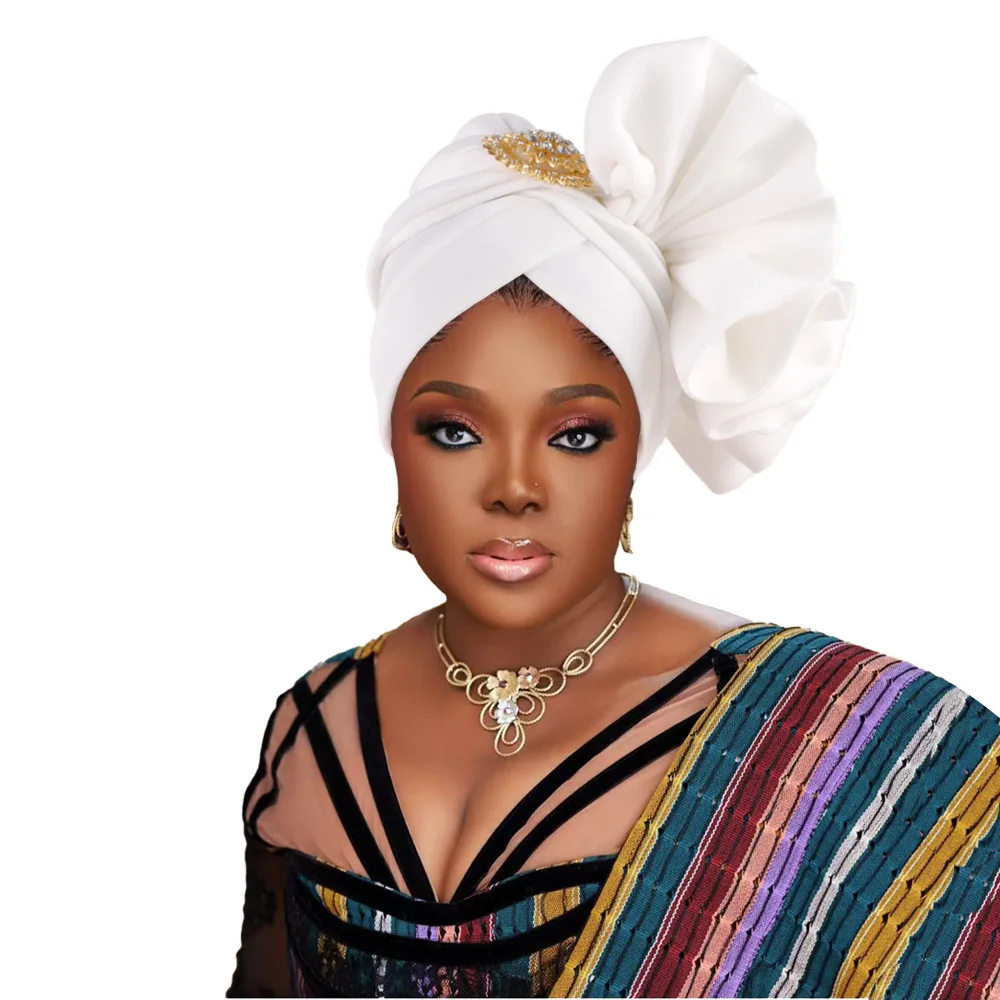 

Women Big Flower Turban Hat Fashion Head Ties Muslim Hijab Caps Diamonds Head Wrap Ladies Bandana Chemo Cap African Headtie Hat