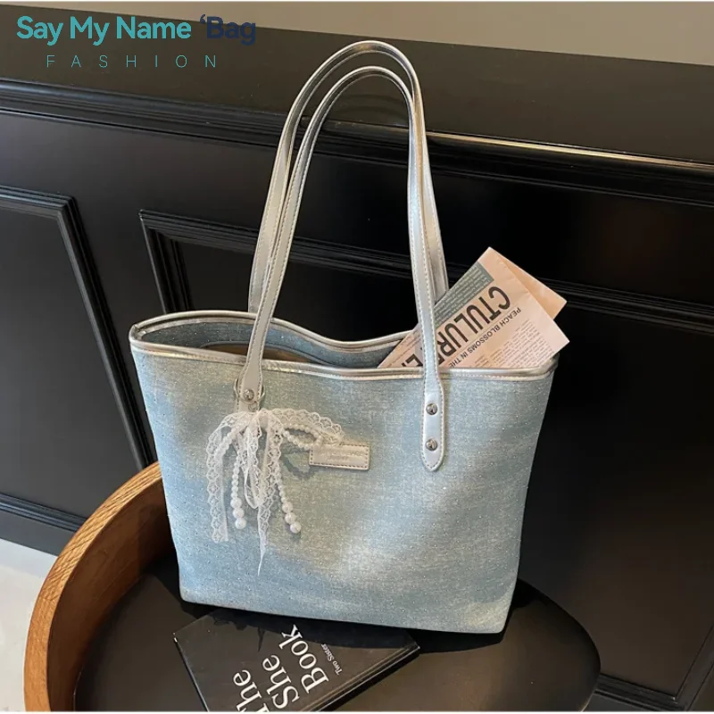 

Denim Tote Bag Shoulder Bag Adjustable Sling Vintage Wash Work Purse Commuting Lace Bow Tote Bag Designer Shoulder Bag