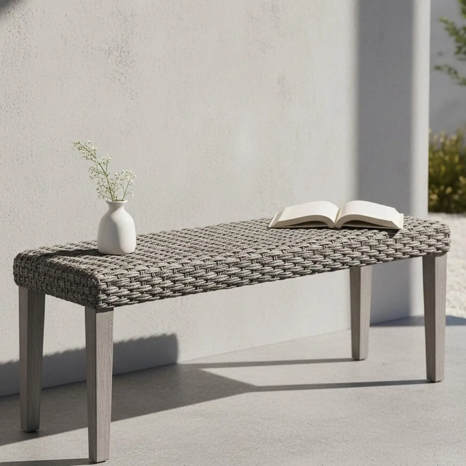 Outdoor Rattan Backless Bench with PE Wicker & Acacia Wood Frame, Grey | All-Weather Wicker Woven Seat for Patio, Porch, Living