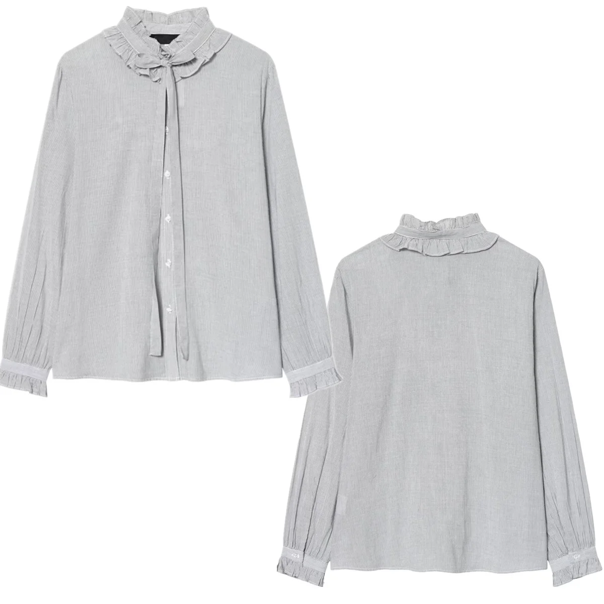 

Jenny&Dave 2026 Shirts Blouses Women's Clothes Shirts Tops Spring French Elegant Light Blue Striped Ruffle Edge Lace Up Shirt Wo