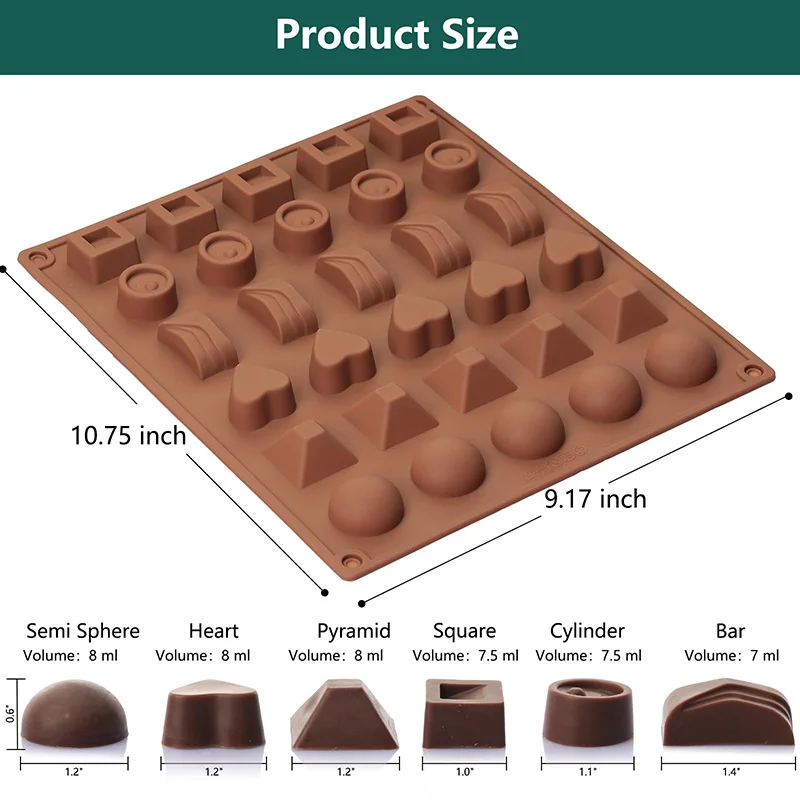 Chocolate Molds Silicone with 30 Cavities 6 Different Shapes for Making Larger Candy/Gummy/Cake Décor for Party&Celebration