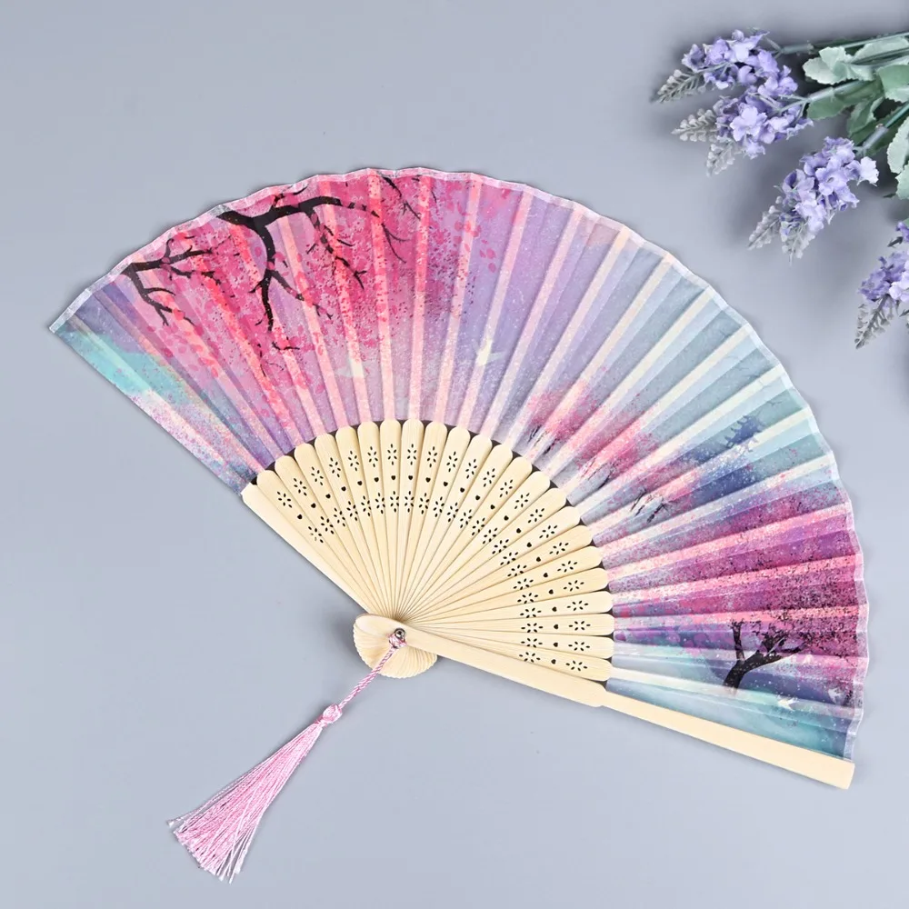 Bamboo Chinese Japanese Folding Fan Vintage Style Tassel Elegent Female Fan Folding Fan Hand Fan Silk Shank Classical Dance Fan