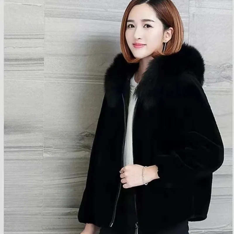 Women's Faux Cashmere Hooded Fur Coat, Korean Style Faux Fox Collar Outcoat, Female Casual Versatile Outerwear, 2024, New