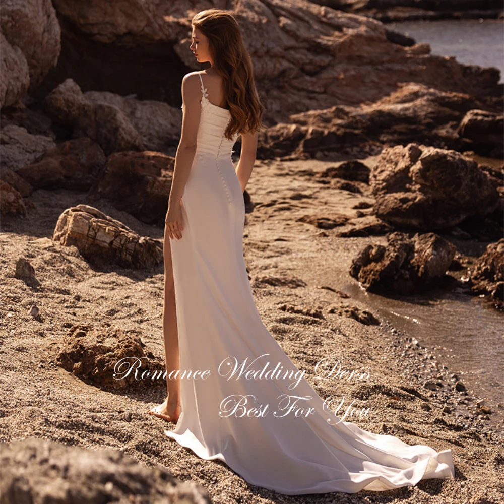 Moderno alças de espaguete apliques sereia vestido de casamento sem alças aberto volta alta fenda lateral botões vestidos de novia personalizado