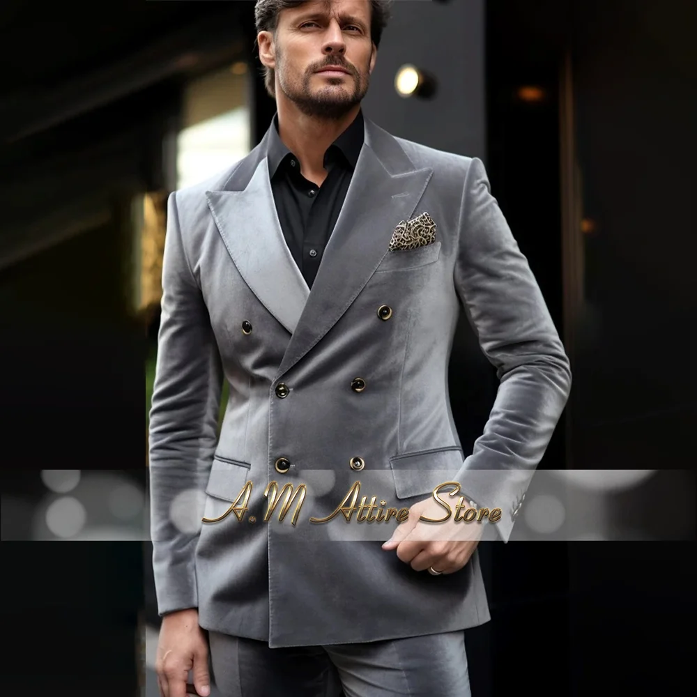 Men's premium gray suit 2-piece set double breasted velvet jacket pants set timeless elegance modern outfit for wedding grooms