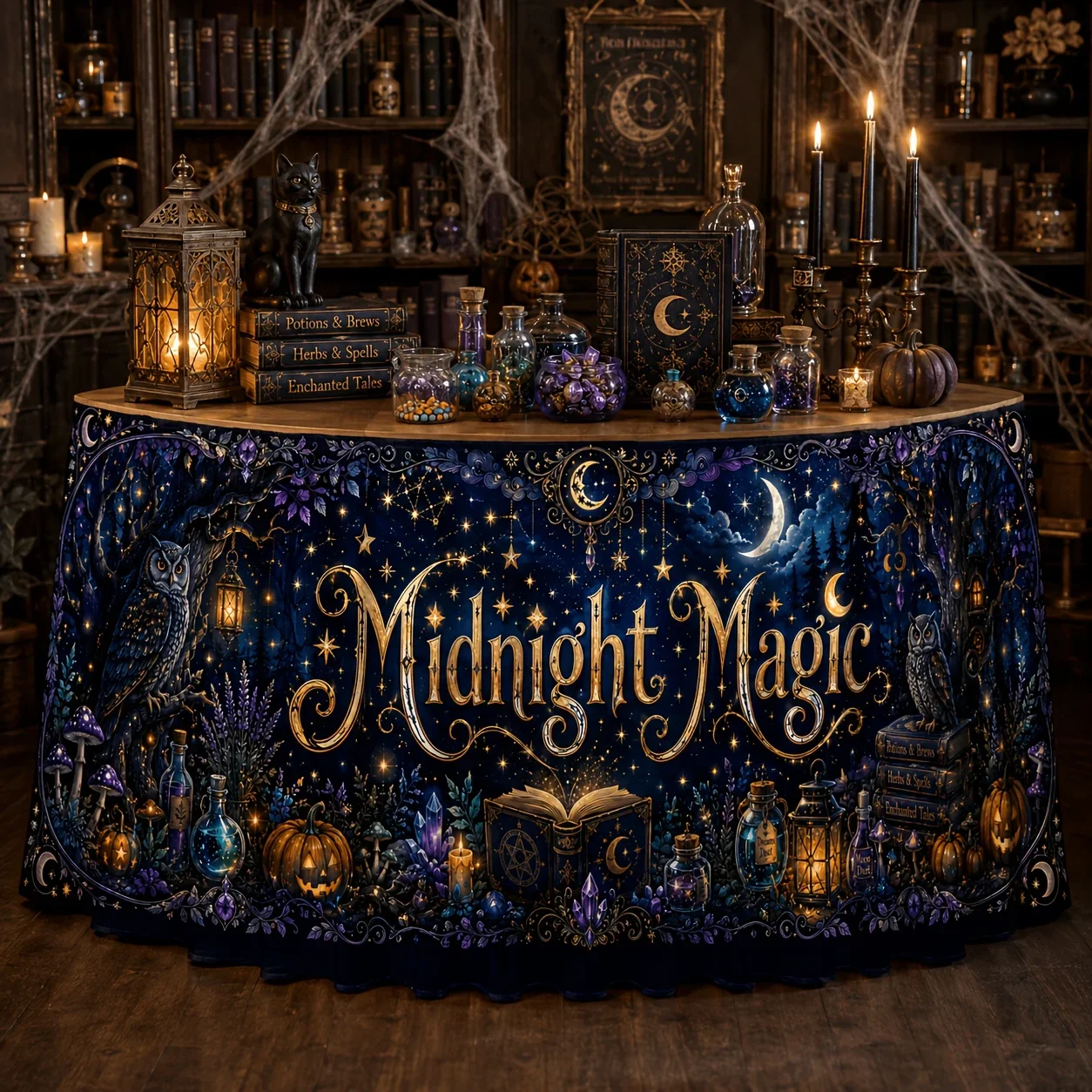 Party table skirt 1 piece. Midnight Beauty. Halloween print. Polyester table skirt. Suitable for mysterious and scary partiesxzj