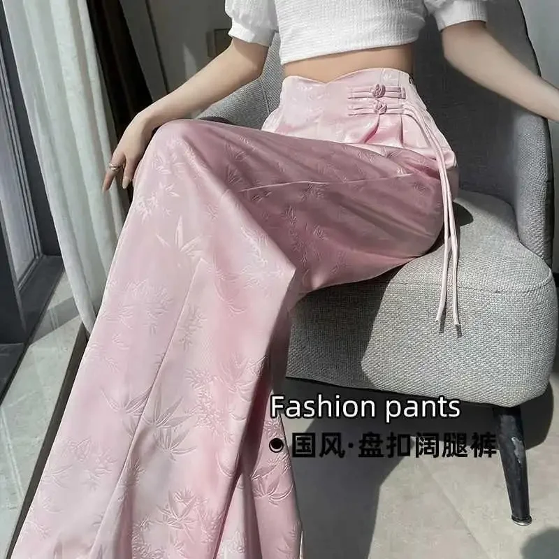 الصيف النساء رقيقة الجاكار السراويل الكورية السيدات عالية الخصر بنطال ذو قصة أرجل واسعة 2025 أنثى موضة الساتان مستقيم الساق بنطلونات