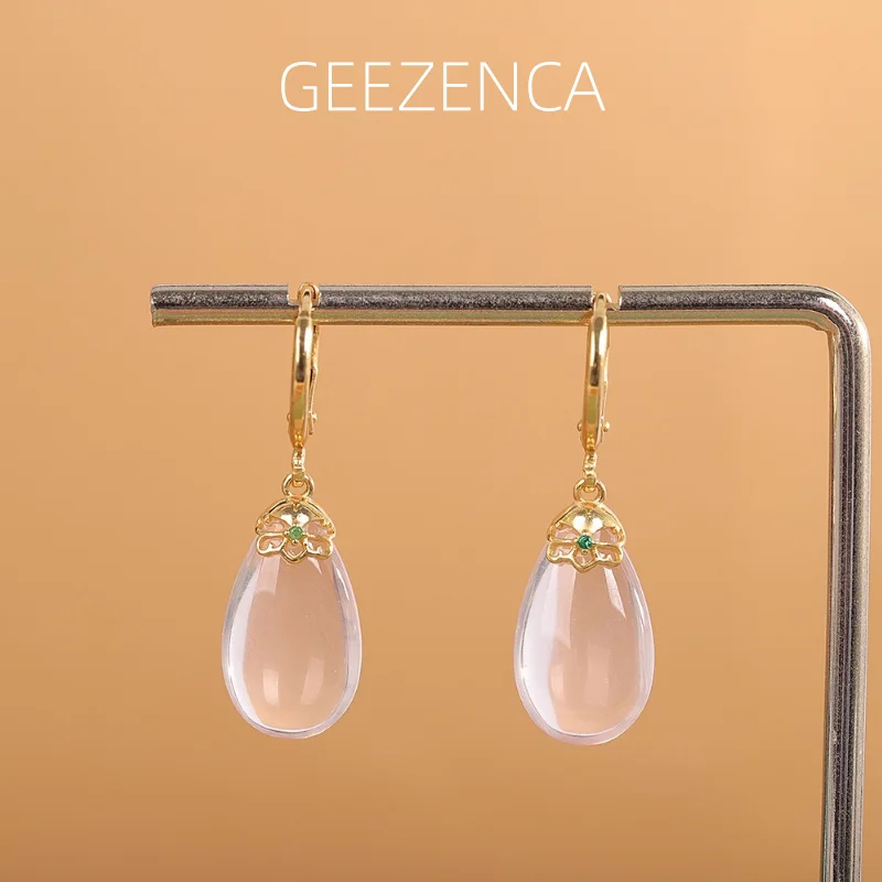 

GEEZENCA Big Rose Quartz Teardrop Pendant S925 Silver Gold Plated Hoop Earrings Women Simple Trendy Dainty Dangling Earring Gift