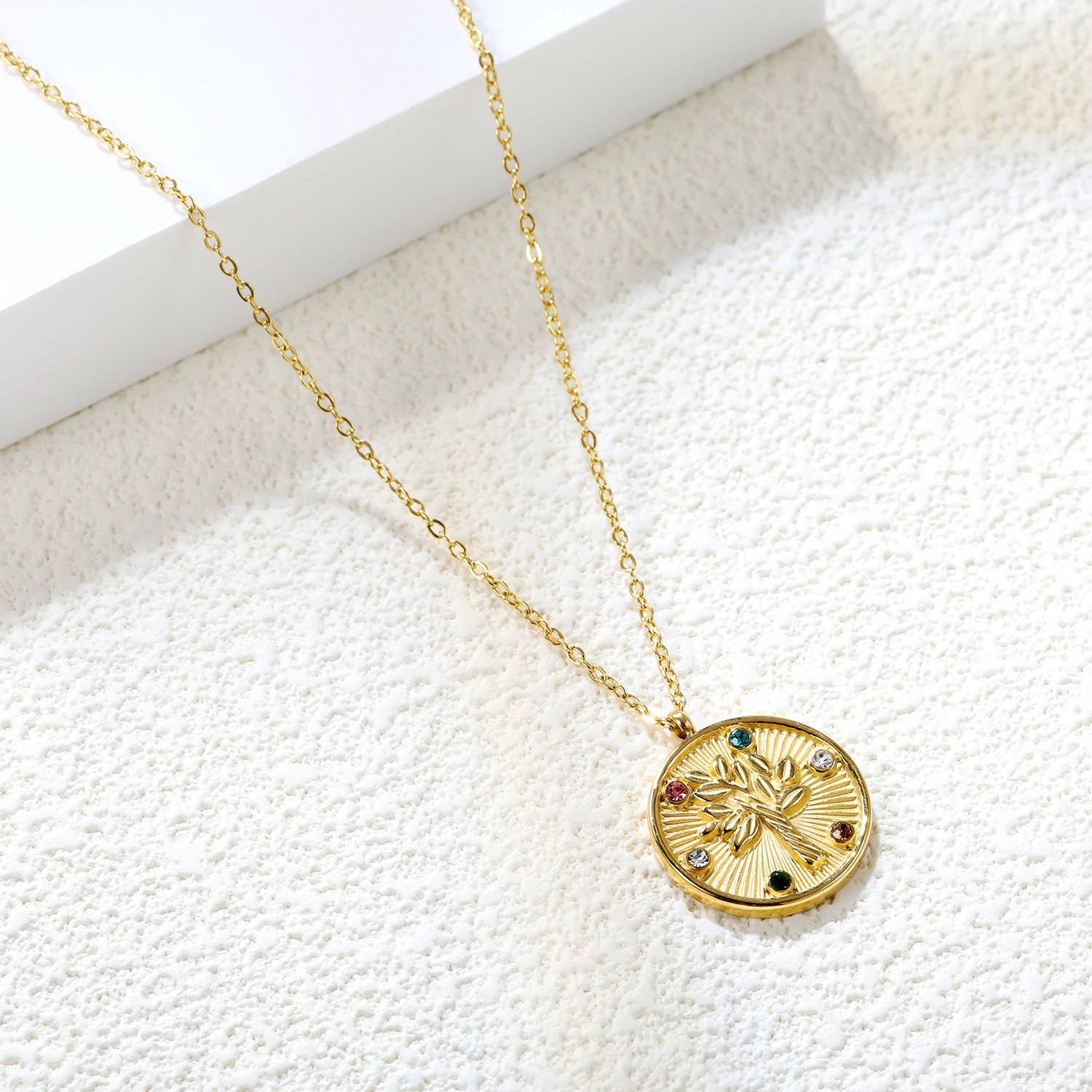 LUXUSTEEL Stainless Steel Necklace For Women Cute Tree Of Life Iniaid Round Colorful Cubic Zirconia Pendant Necklace Collars