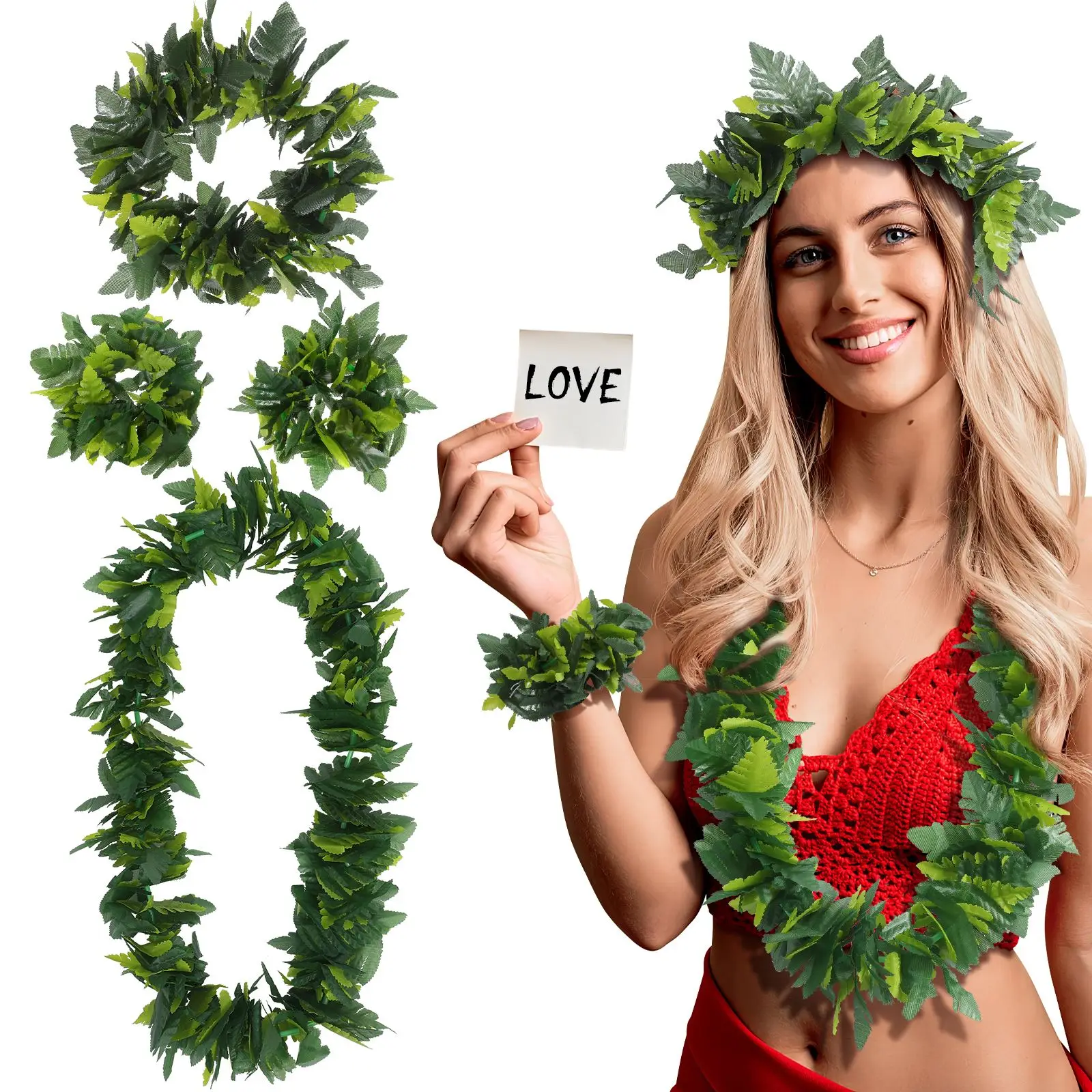 

4pcs Hawaii Simulate Green Leaf Wreath Set Party Garland Artificial Leaves Headband Necklace Bracelet Tropical Beach Luau Supply