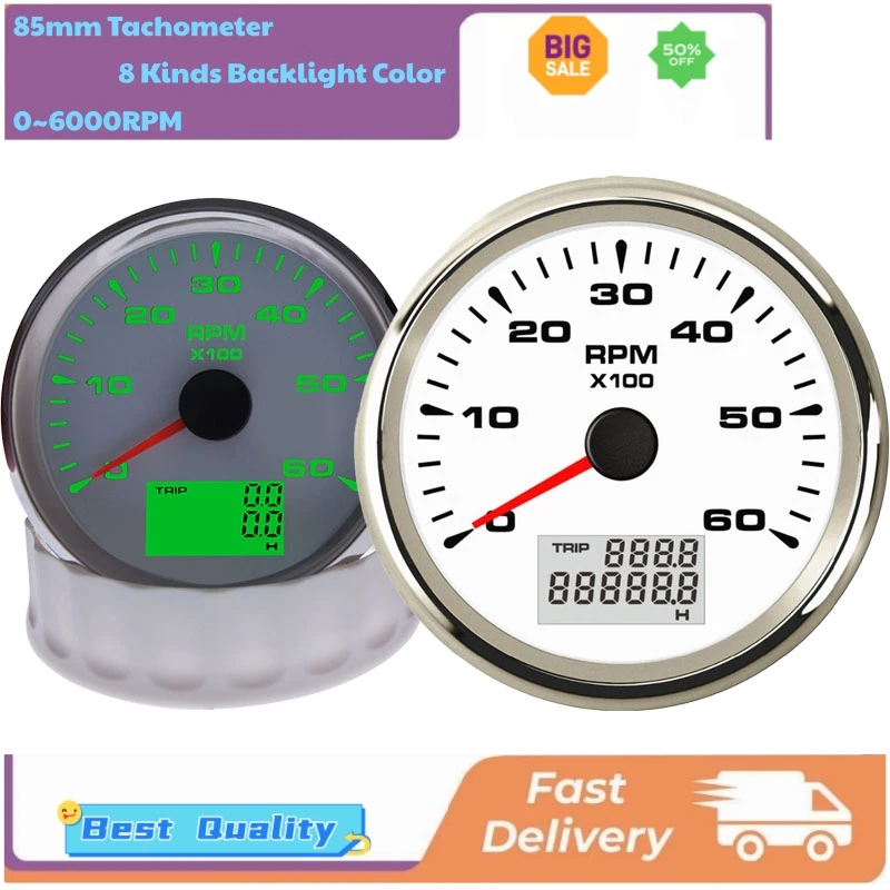 

Автомобильный тахометр 85 мм (0-6000 об/мин) с индикатором оборотов, показателем соотношения скоростей и счетчиком моточасов для автобусов и лодок
