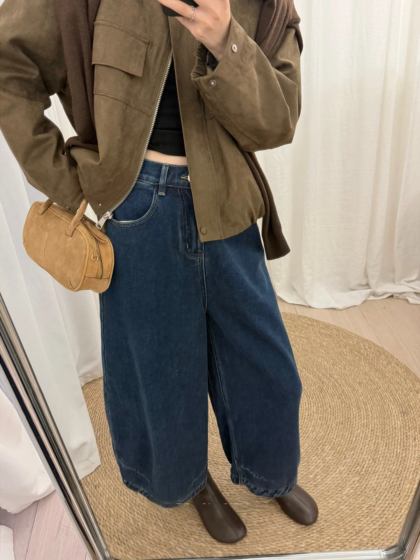 

Retro Waed Fce Lined Nine-Tenths Balloon Jeans Casual Straight Leg Blue Denim Pants Women's Autumn Wear Comfortable Fit