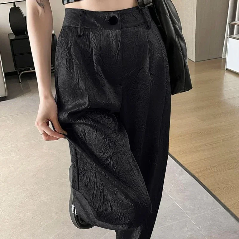 Summer High Waist Wide Leg Pants Women Wrinkled Design Casual Women\'s Pants Fashion Silver Loose Straight Full Length Trousers